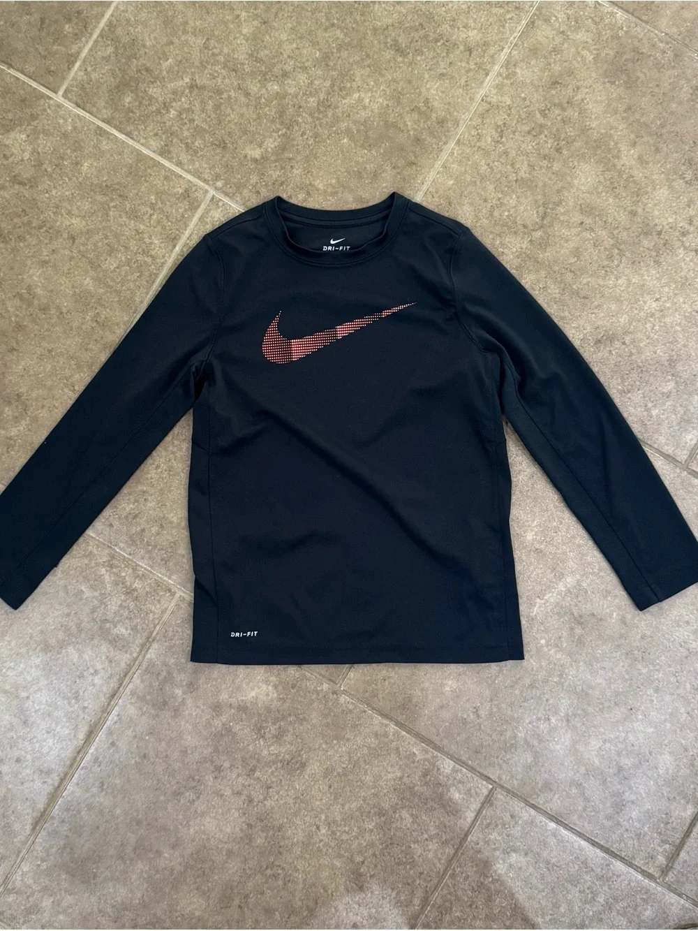 Nike Kids Black Long Sleeve Dri-FIT Shirt with Red Swoosh
